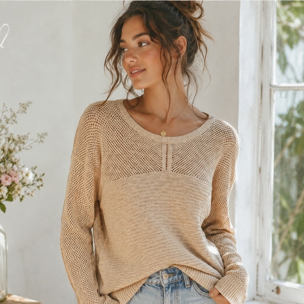LL Bean Pointelle‎ Mixed Stitch Sweater Womens L Beige Coastal Knit Cotton